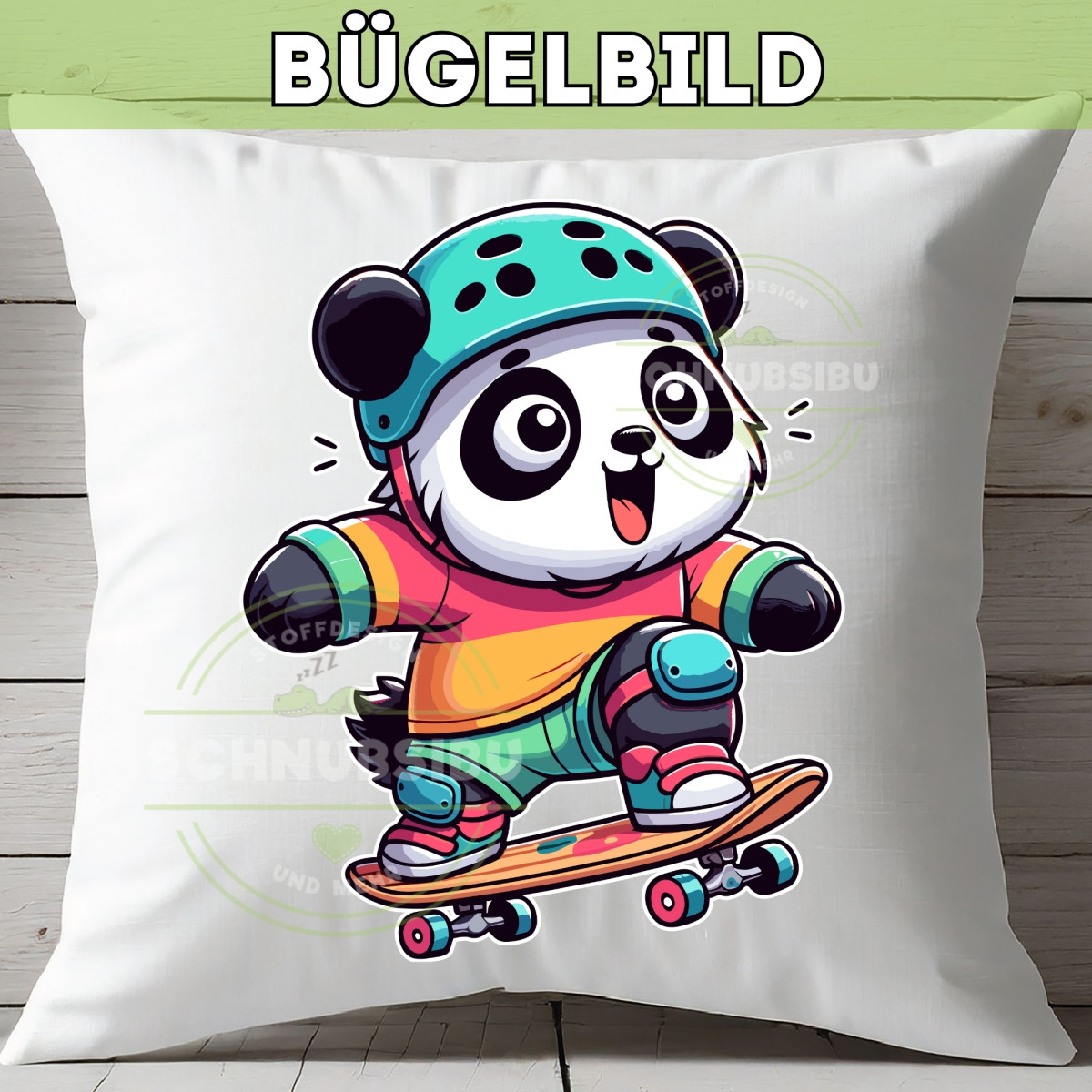 Bügelbild Panda auf Skateboard